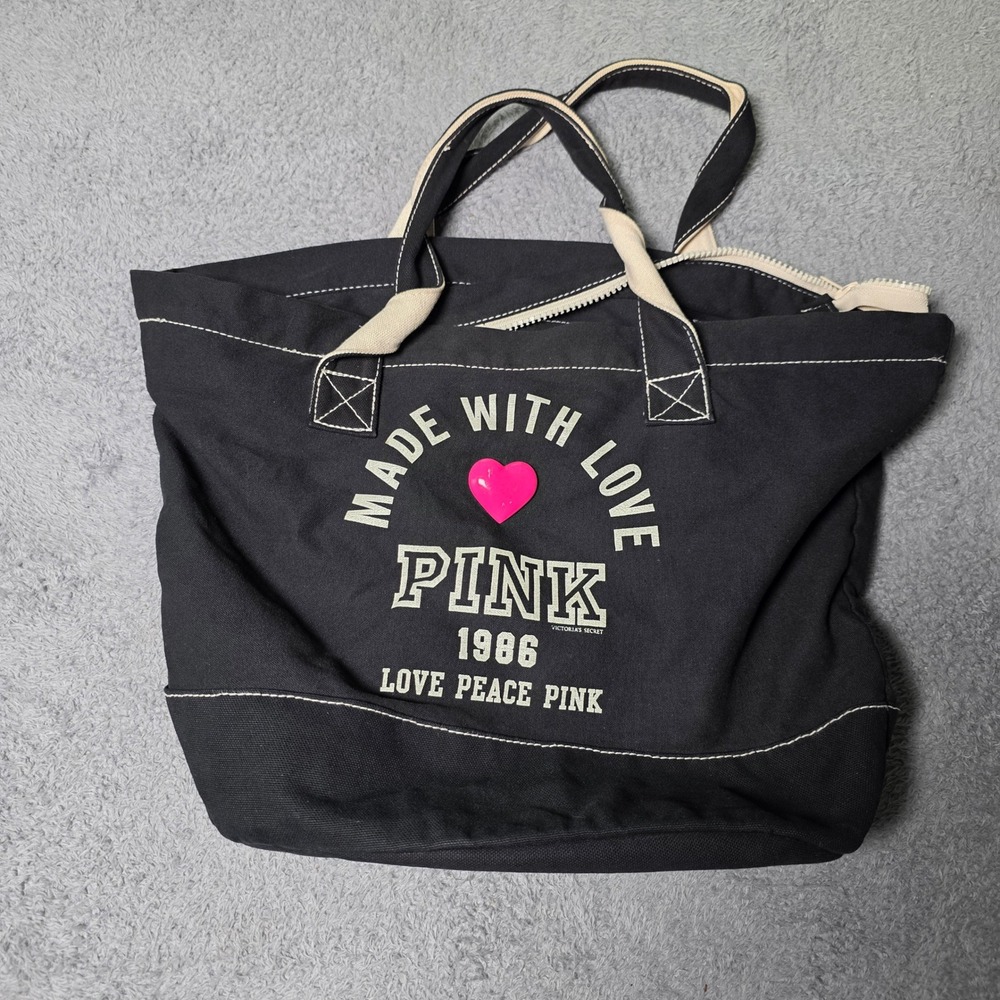 Victoria's Secret PINK Womens Large Canvas Tote Bag Black Heart Graphic Zipper